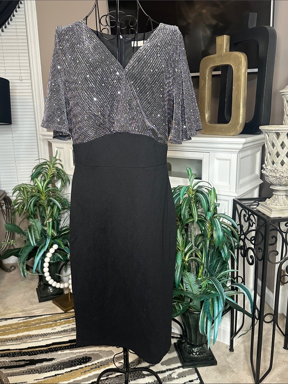 Beaded Black Midi Dress with Sparkle V-Neck